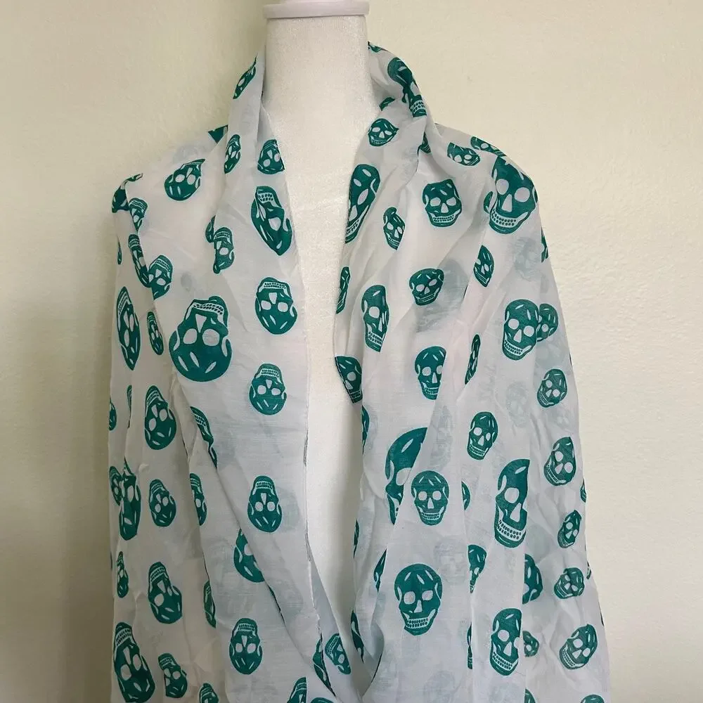 Ozsoy Aksesuar Skull Scarf Teal White Fringe Wrap Gothic Rocker Y2K Lightweight
